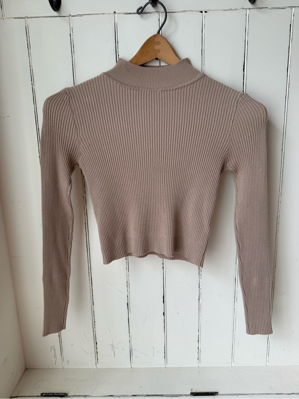 PRINCESS POLLY Ribbed Mock Neck Cropped Sweater Beige Tan XS/S